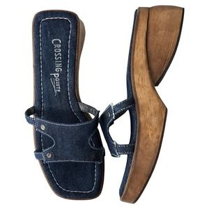 Vintage Y2k Wood Denim Sandals Womens 8 Chunky Slip On Platform Shoes Artsy Boho